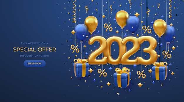 Vector christmas sale design banner happy new 2023 year gold metallic numbers 2023 with shopping bag price tag gift box with golden bow fly helium balloons on blue background vector illustration