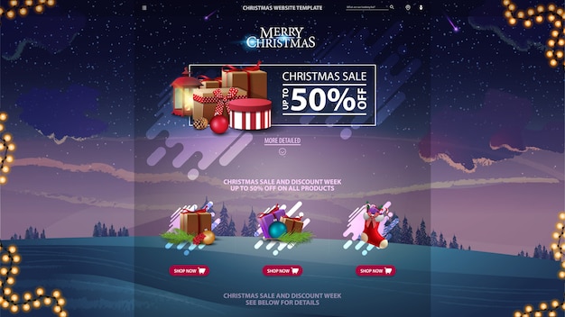 Рождественская распродажа шаблон сайта с зимним лесом на фиолетовом фоне
