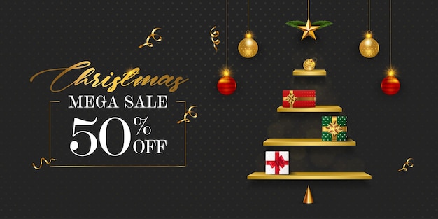 Christmas sale discount banner template . Shelf rack in the shape of Christmas tree