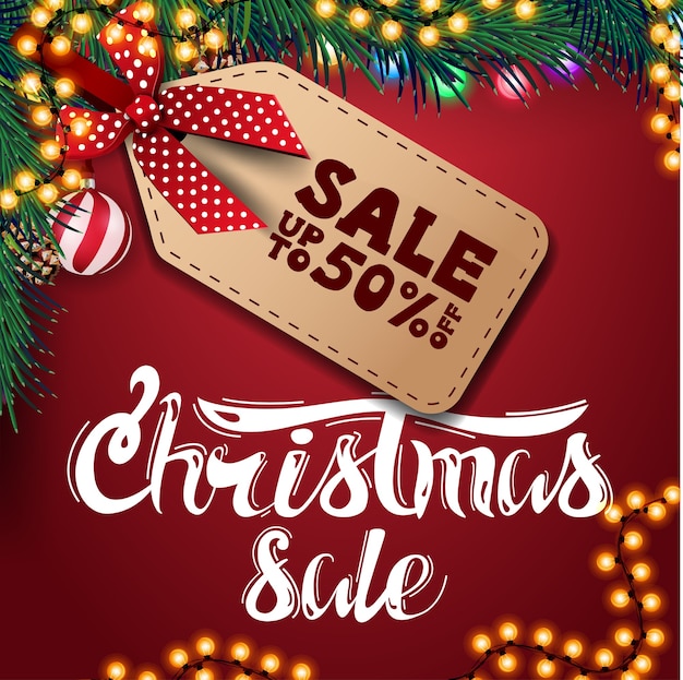 Christmas sale discount banner with lights and tag