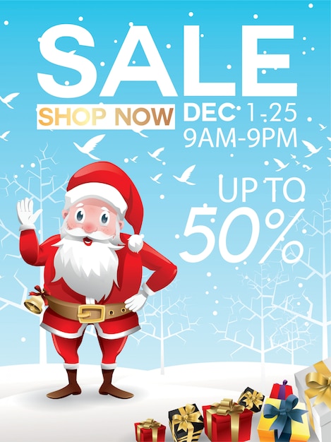 Christmas sale discount offer. Cartoon Santa Claus with huge red bag with presents in snow