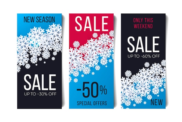 Christmas sale flyer leaflet set Snowflakes illustrations on bright colourful backdrop with