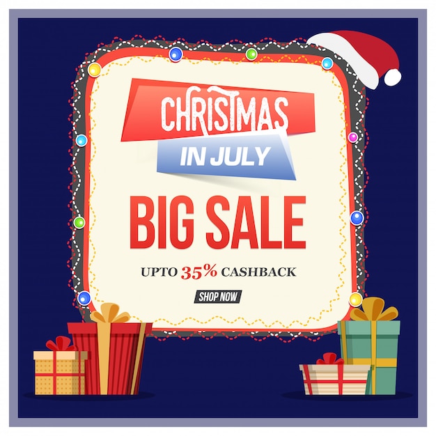 Vector christmas sale in july flyer with gift boxes.