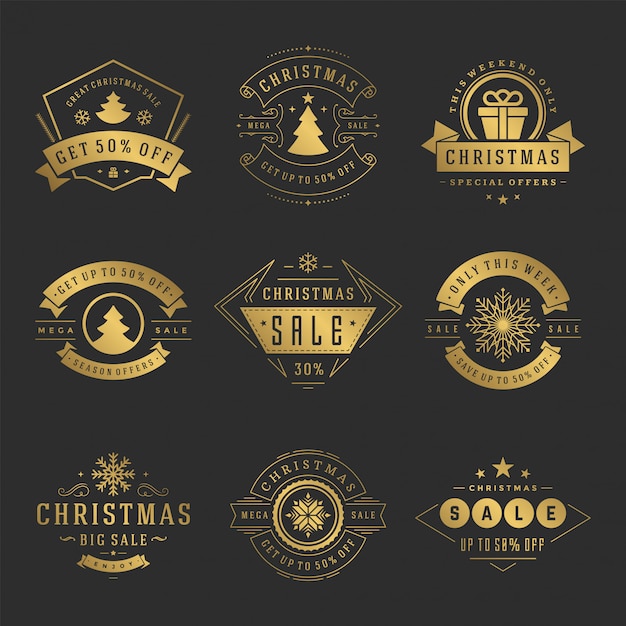 Рождественская распродажа этикетки и значки с текстом типографского оформления в винтажном стиле