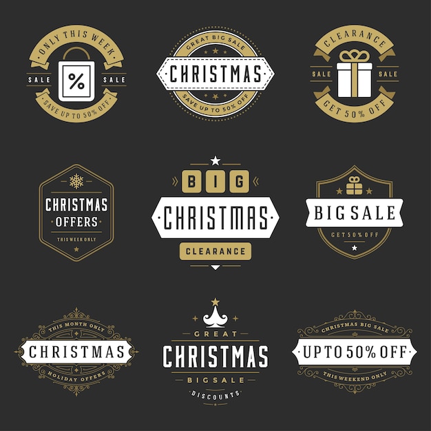 Etichette e distintivi di vendita di natale con set di stile vintage di design di decorazione tipografica di testo