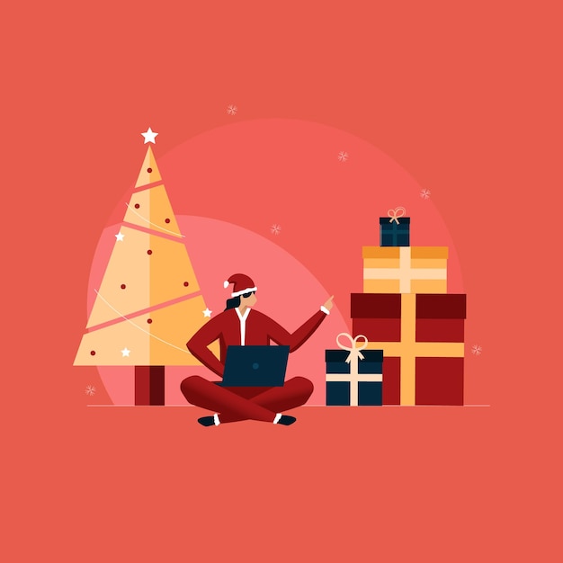 Christmas Sale Offer Illustration Women Sitting with Laptop and Christmas Costume online shopping