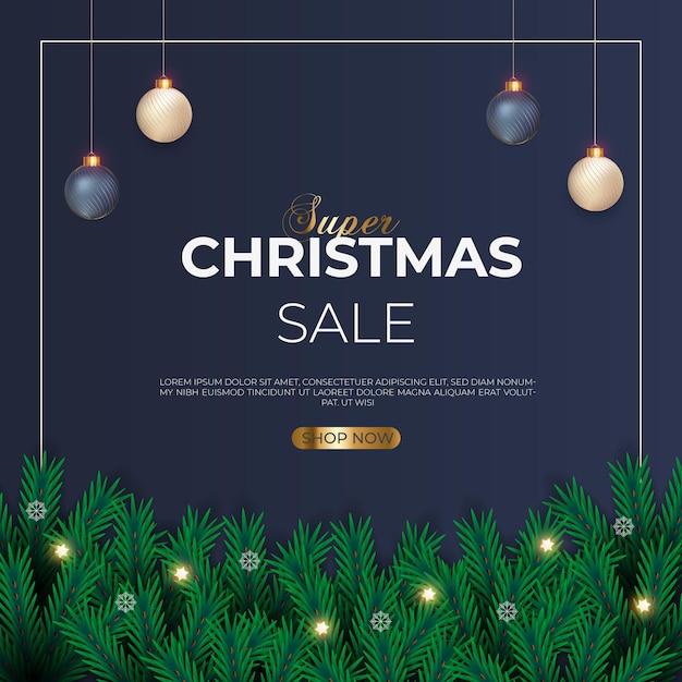 Christmas sale post with green pine branch golden christmas ball snowflakes and star light