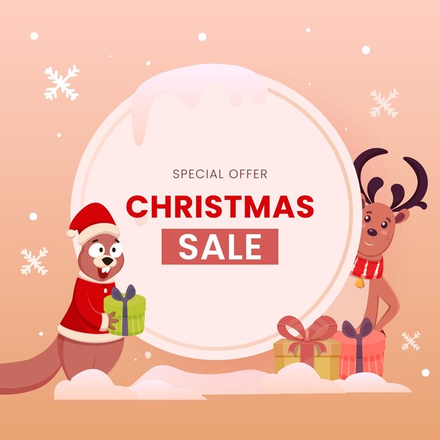 Vettore disegno di poster di vendita di natale con personaggi di cartoni animati scoiattola renna e scatole regalo su sfondo rosa