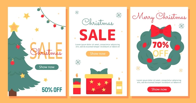 christmas sale posters set red gift box and wreath with balls new year and noel eve winter holidays