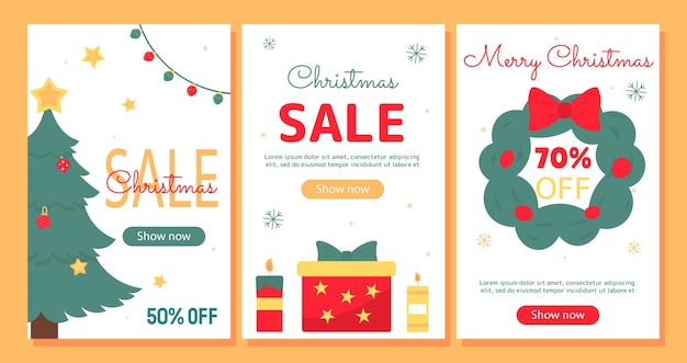 Vector christmas sale posters set red gift box and wreath with balls new year and noel eve winter holidays