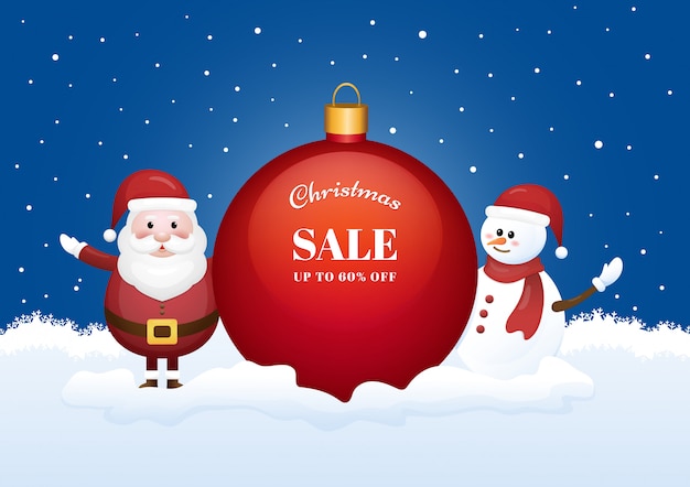 Christmas sale season banner with  Santa Claus and snowman on winter background.