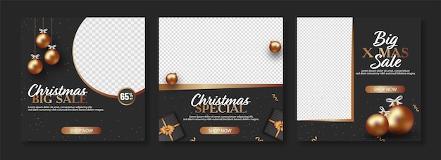 Christmas sale social media post set with 3d bronze baubles and copy space in white and black color.