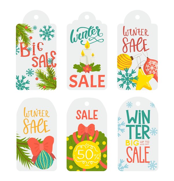 Christmas sale tag stickers winter holiday label vector illustration isolated on white new year and