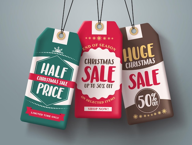 Vector christmas sale tags hanging vector set in different colors with huge sale and half price text