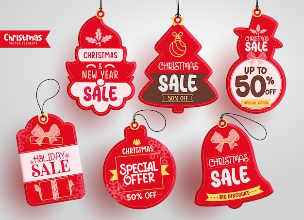 Christmas sale tags vector set design Merry chritsmas and happy new year text in red color price