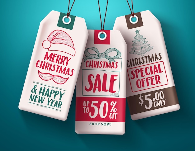 Vector christmas sale tags vector set in white paper hanging with sale and discount text and hand drawn.