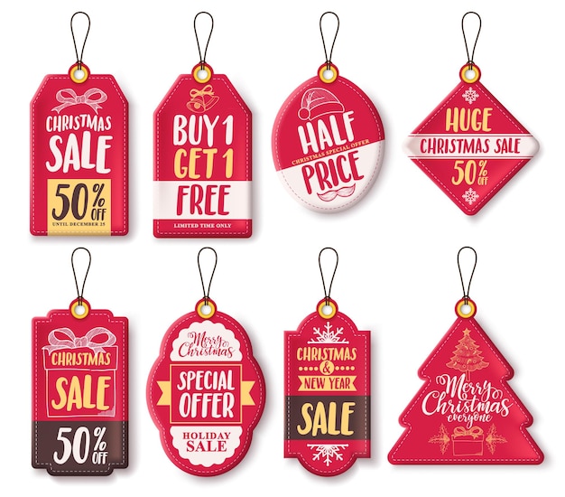 Christmas sale tags vector set with different shapes and discount text and greeting for store