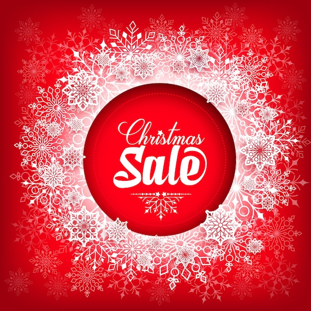 Vector christmas sale text in circle of snow flakes with red background.