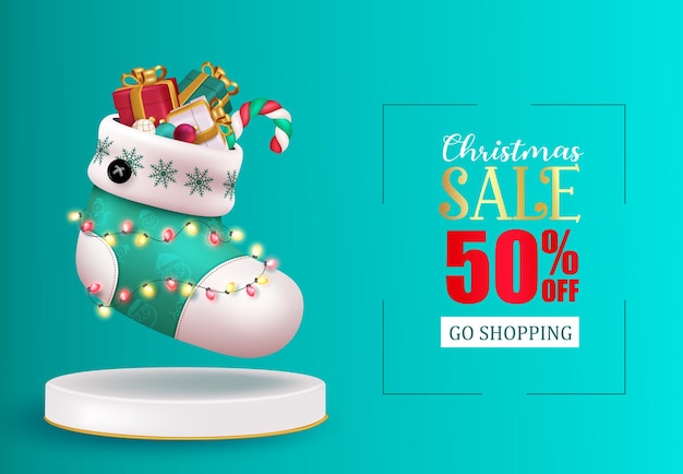 Christmas sale text vector banner design Christmas podium with santa claus socks and gifts elements