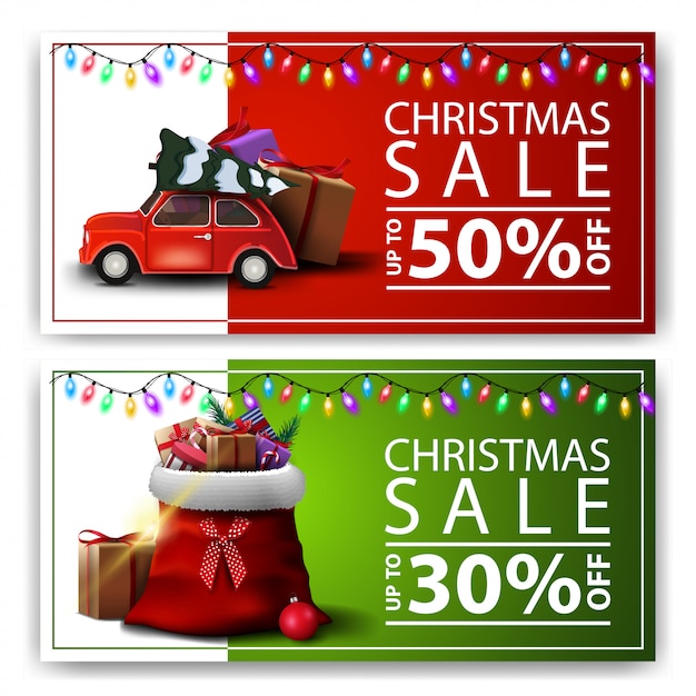 Christmas sale, two discount banners with santa claus bag and red vintage car carrying christmas tree