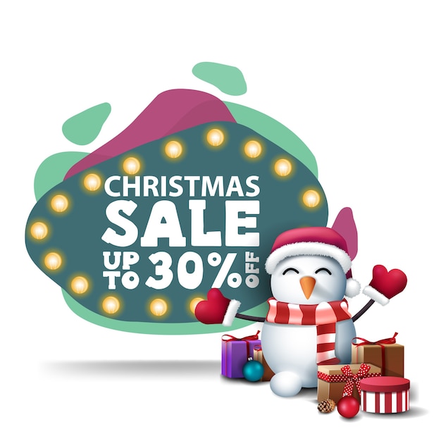Christmas sale, up to 30 off, modern green discount banner in lava lamp style with bulb lights and snowman in santa claus hat with gifts