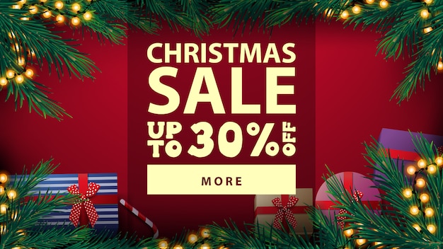Новогодняя распродажа, скидка до 30%, красивый красный дисконтный баннер с елочной рамкой с желтой гирляндой из колбы и подарками, вид сверху