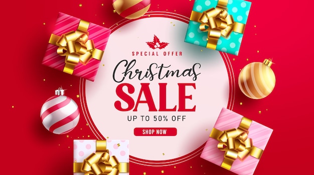 Christmas sale vector banner design. Christmas sale text in circle template with shopping price.