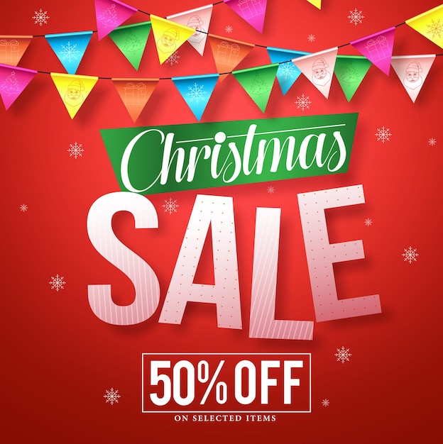 Vector christmas sale vector banner design with colorful streamers hanging in red background