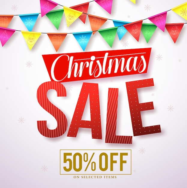 Vector christmas sale vector banner design with red text and colorful streamers hanging in white background