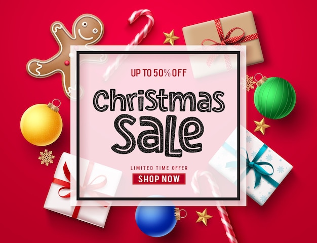 Christmas sale vector banner template christmas holiday season sale text in white frame with xmas