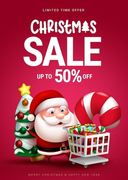 Christmas sale vector poster design christmas sale text up to 50 off discount with santa claus