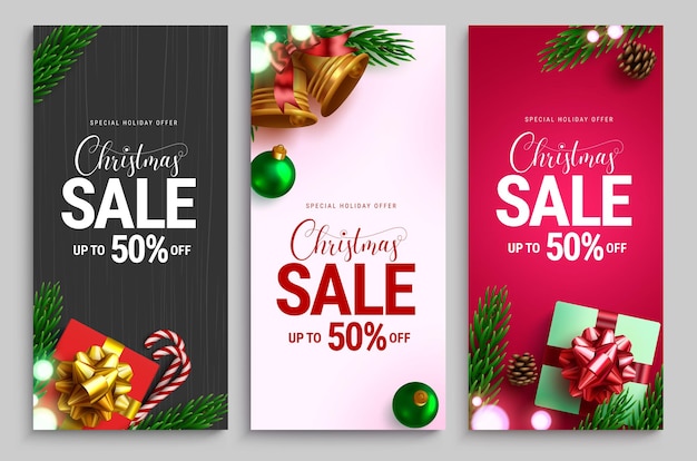 Christmas sale vector poster set Christmas sale holiday offer text with up to 50 promo discount