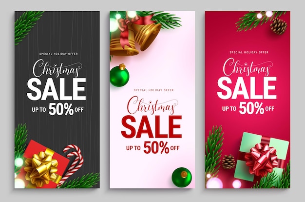 Christmas sale vector poster set christmas sale holiday offer text with up to 50 promo discount