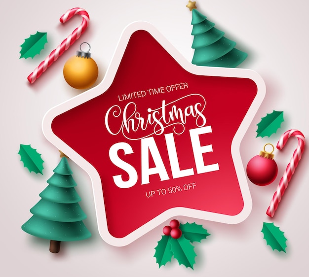 Vector christmas sale vector template banner christmas sale text in star frame design with xmas elements