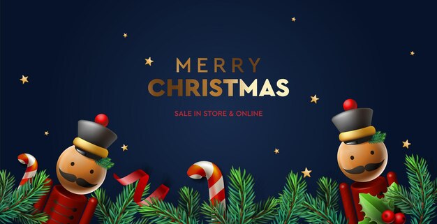 Christmas sale web banner with fir branches border and nutcracker candy stick decoration vector