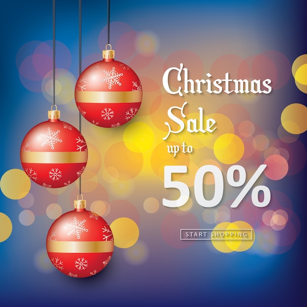 Christmas Sale with color full bokeh background and Red Decorative Christmas Ball