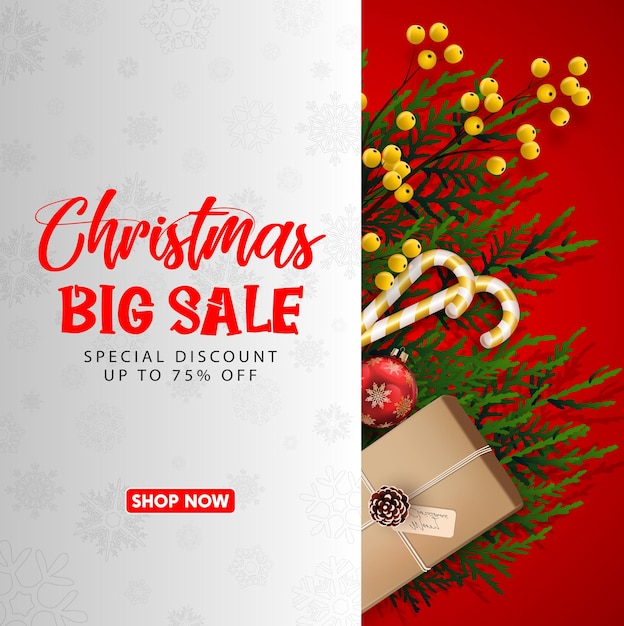 Christmas sale with red realistic ribbon banner and gift boxes.