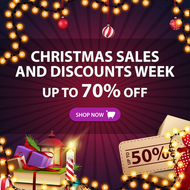 Banner di vendita di natale e settimana di sconto, fino al 70% di sconto, sconto quadrato viola con regali e decorazioni natalizie