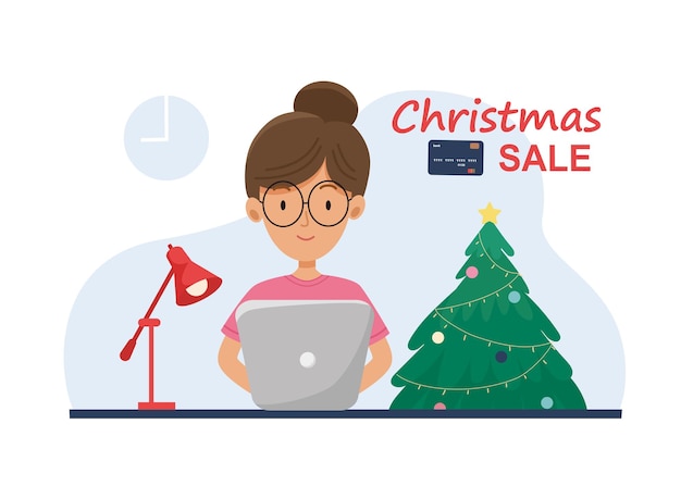 Vettore banner di vendita di natale. la ragazza sta comprando regali online poster di natale di sfondo, biglietto di auguri, illustrazione per il sito web