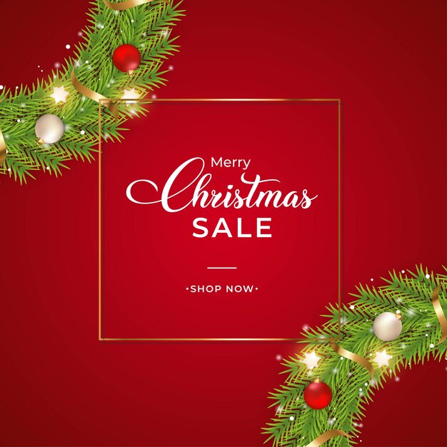 Vector christmas sales banner with green wreath. sales banner with wreath, white balls, red balls. christmas wreath on a red background. christmas banner template with decorative elements and snowflakes.