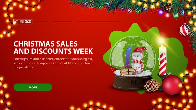 Vendite di natale e settimana di sconto, banner di sconto rosso moderno con globo di neve e candela di natale