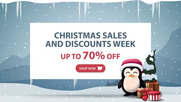 Christmas sales and discounts week banner with penguin with presents