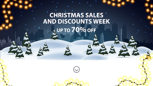 Vector christmas sales and discounts week, up to 70 off, discount banner for website with night cartoon winter landscape