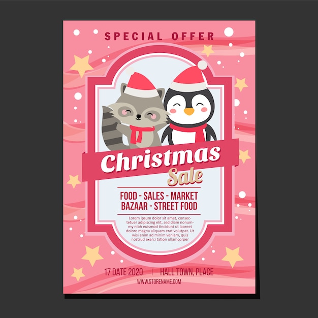 Christmas sales poster, snow and star texture, penguin and fox