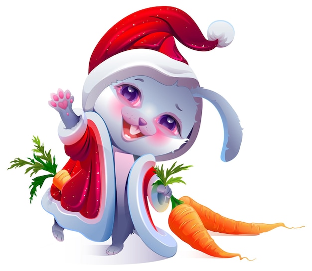 Christmas santa bunny with carrot in his pocket doing hello Hare symbol of 2023 Chinese calendar