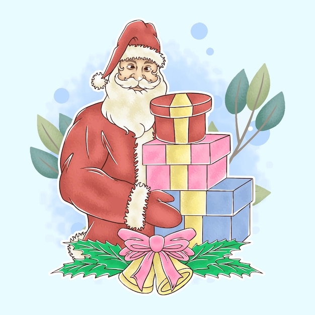 Vector christmas santa claus brings a huge christmas present