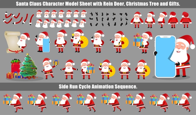 Christmas santa claus character design model sheet met loopcyclusanimatie en lipsynchronisatie