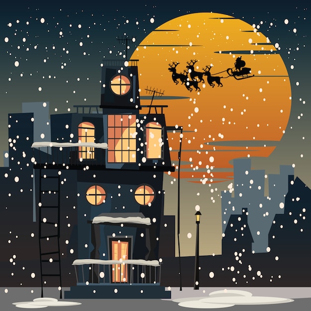 Christmas and santa claus in city at night vector illustration