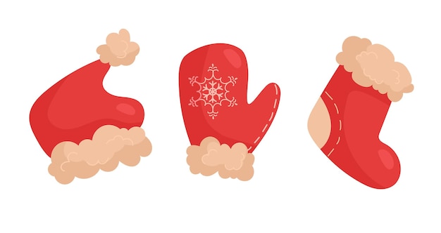 Vector christmas santa claus hat sock and mittens with snowflake