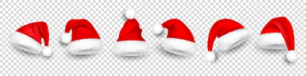 Vector christmas santa claus hats with fur new year red hat isolated on transparent background winter cap